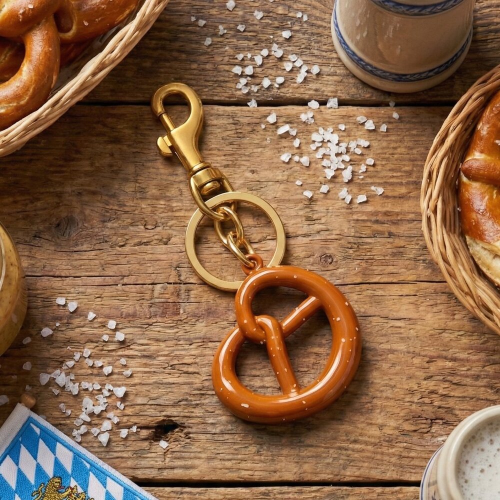 Caramel Pretzel Bag Charm Antique Gold Tone Alloy Keychain Purse Accessory Gift